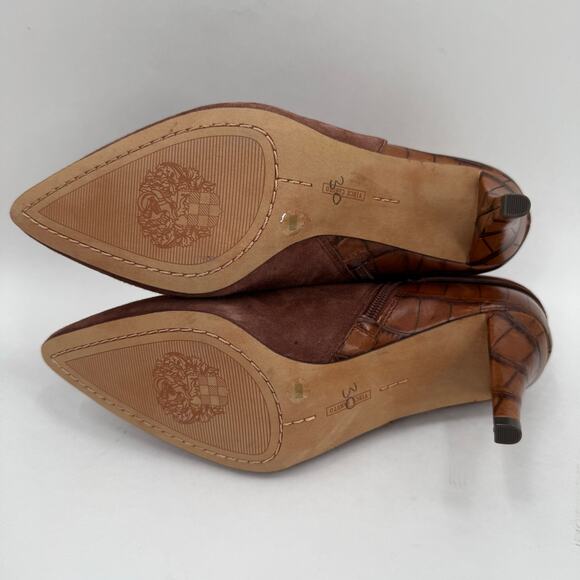 VINCE CAMUTO Selmente Boots SZ 8.5 NWOT Brown Suede Gold Heel Bootie Zipper Croc - Picture 14 of 15